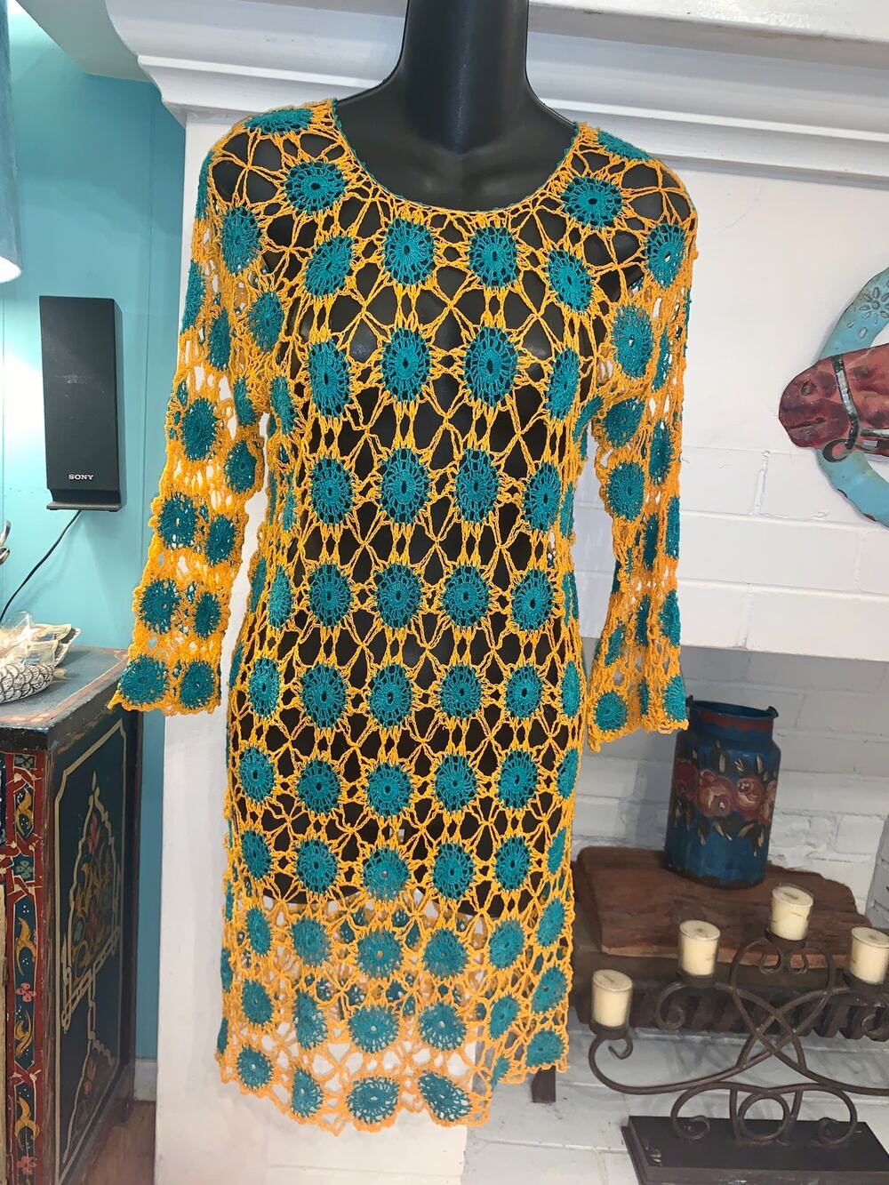 RARE VINTAGE CROCHET TURQUOISE GOLD MARIGOLD FESTIVAL DRESS